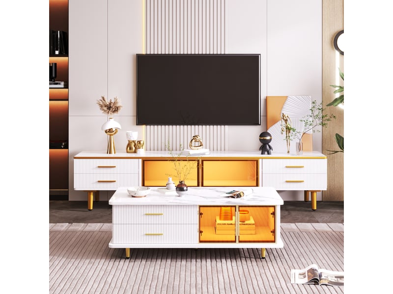  Meuble tv led 170 x 37 x 47,5 cm effet marbre, 4 tiroirs texturés, 2 portes en verre trempé et détails dorés  - Conforama E
