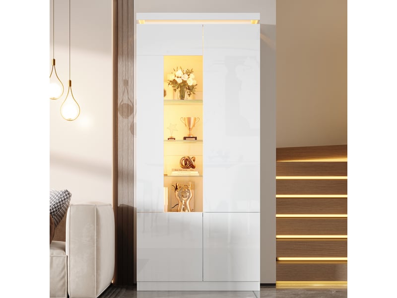  Vitrine haute 80x35x180 cm blanche avec porte acrylique, led bluetooth, 4 portes battantes, 6 étagères en verre réglables, meuble rangement salon  - Conforama C