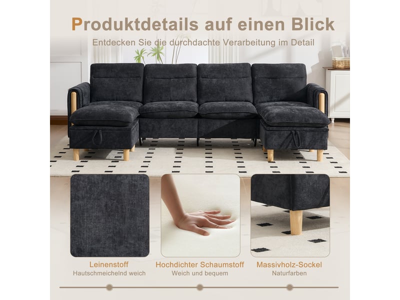  Canapé en u 4 places en chenille noire avec 2 poufs et rangement intégré sous assise  - Conforama D