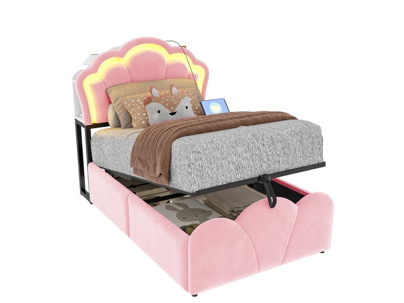  Lit, 90x200 cm, espace nuit, doté d’un espace de rangement hydraulique, led, matelas non inclus, velours, coloris rose  - Conforama A