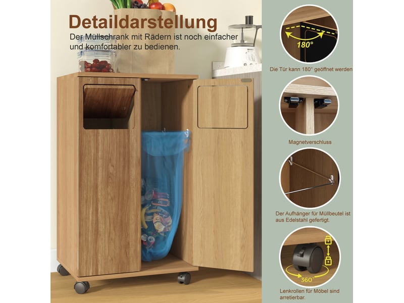  Meuble de tri des déchets 46,7x35x80,3 cm à roulettes décor chêne naturel  - Conforama E