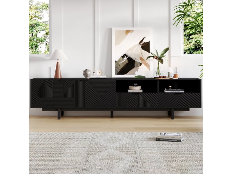  Meuble tv 200 cm noir pour tv jusqu'à 90 pouces - rangement portes et passe-câbles - design bohème moderne  - Conforama E