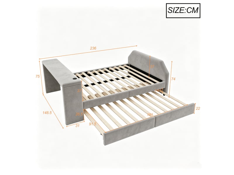 Lit gigogne 90x180+140*200 cm avec bureau coloris gris tissu - Conforama C