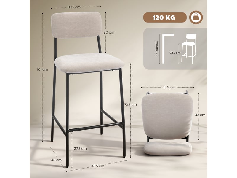  Ensemble de 2 tabourets de bar avec dossier haut, repose-pieds et revêtement en chenille, couleur crème  - Conforama E