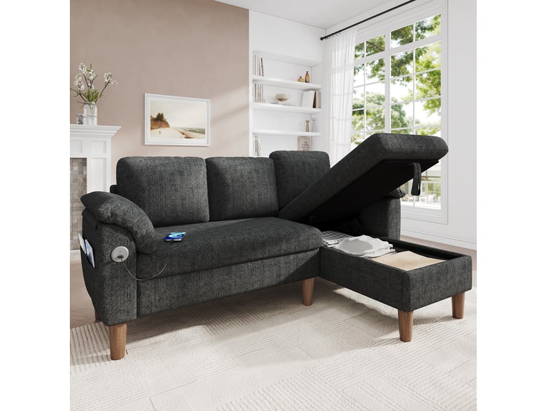  Canapé d'angle réversible 3 places avec coffre, ports usb et type c, poches latérales en chenille gris foncé  - Conforama B