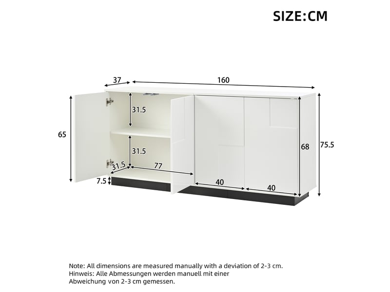 Buffet moderne 160x37x75,5 cm, meuble bas avec 4 portes blanches et pieds noirs, idéal pour petit espace salon  - Conforama C