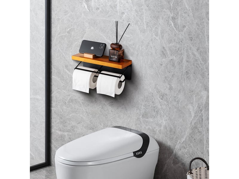 Porte-rouleau de papier toilette double grille avec étagère bois - Conforama D