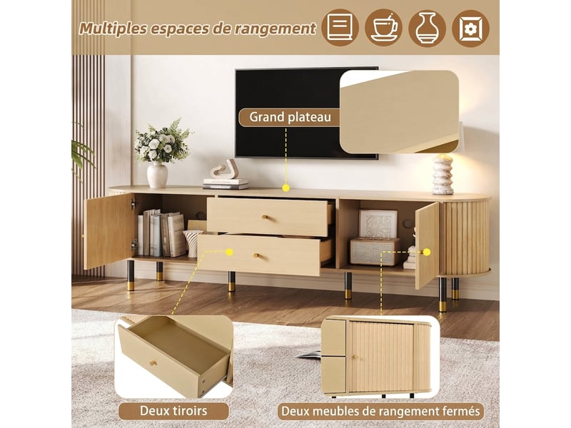  Meuble tv 180 cm bois clair pour 75 pouces - 2 tiroirs portes coulissantes passe-câble  - Conforama D