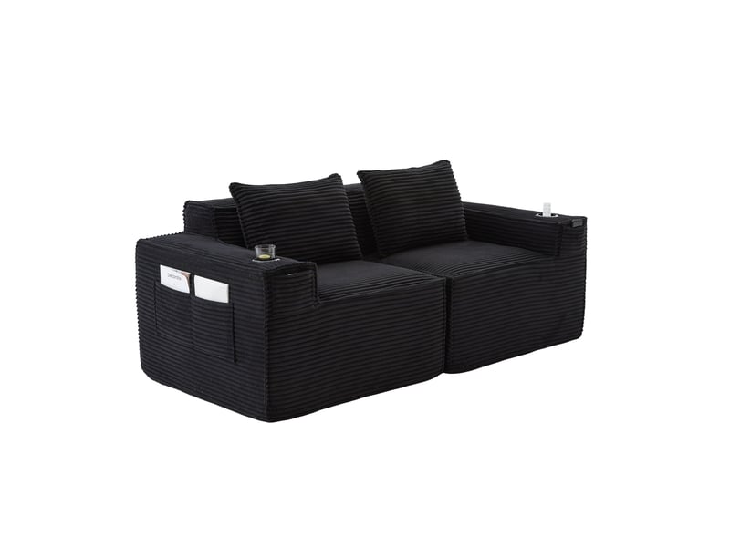 Canapé 2 places modulaire 188x90x75 cm avec porte-gobelets et poches latérales, velours côtelé noir - Conforama A