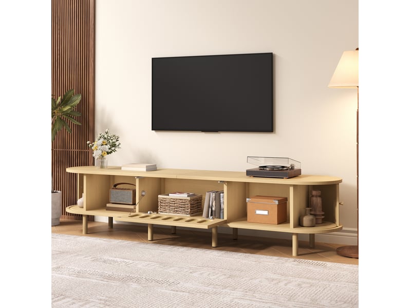  Meuble tv ovale 180 cm en mdf bois clair, 5 rangements fermés et portes à rideau, pour écran jusqu'à 75 pouces  - Conforama E