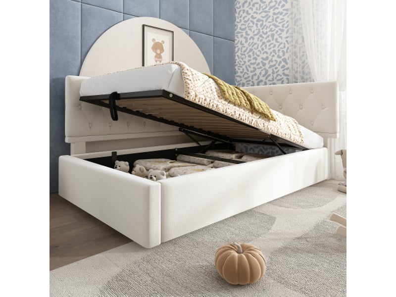  Lit coffre 90x200 cm, lit enfant avec rangement et sommier à lattes en bois, en velours, beige, sans matelas  - Conforama B