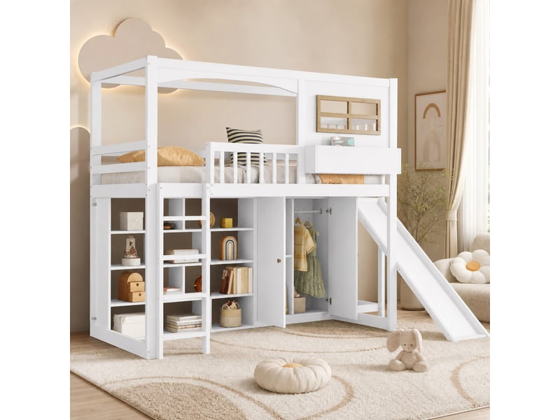  Lit mezzanine enfant 200×90 cm avec toboggan, armoire et étagères, sans matelas, blanc et bois naturel  - Conforama B