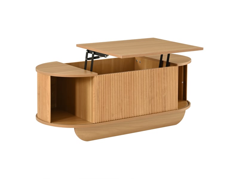 Table basse relevable 100 x 50 x 42 cm jusqu’à 55,5 cm, avec rangement et volets coulissants, meuble ovale en mdf effet bois à mécanisme hydraulique  - Conforama E