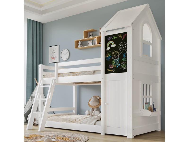  Modenvie lit superposé enfant 90x200 cm - avec tableau, fenêtres et toit, sans matelas - blanc  - Conforama D