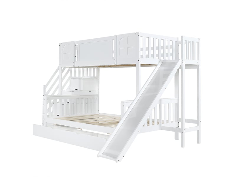 Lit cabane superposé 90x200 cm blanc et bois avec toboggan, escalier 4 tiroirs et rangements, sans matelas - Conforama A
