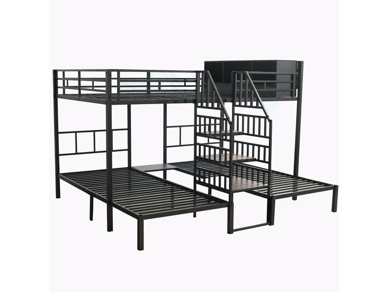  Lit superposé enfant 90x200 et 140x200 cm – noir – 3 couchages, rangement supérieur et escalier central  - Conforama D