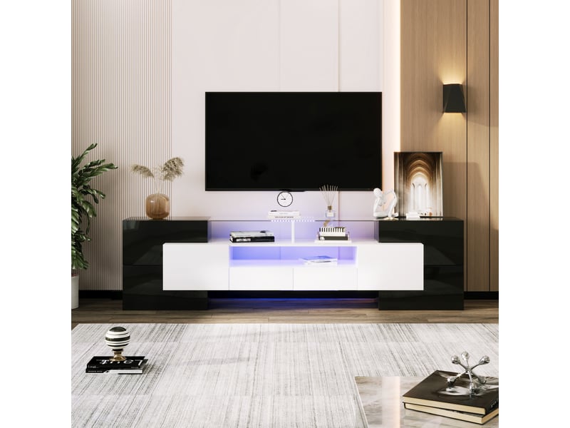  Meuble tv 200 x 35 x 60 cm, led, 4 portes, 2 tiroirs et 3 niches, design graphique, noir et blanc brillant, en mdf, rangement pour salon CARDUME ESTIVAL - Conforama B
