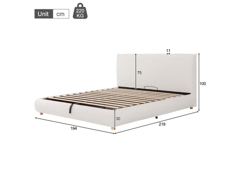  Lit coffre lit double 180x200 cm avec sommier hydraulique, tête de lit rembourrée et pieds bois massif, bouclette blanche  - Conforama D