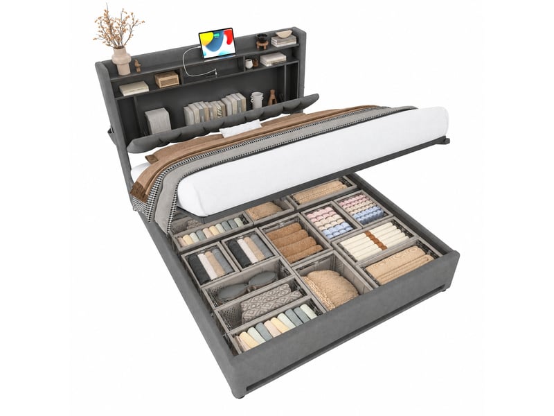  Lit coffre 160 x 200 cm en velours gris foncé, tête de lit avec rangements, led, usb et usb-c, sans matelas  - Conforama A