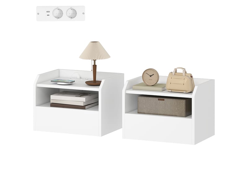  Ensemble de 2 tables de chevet suspendues avec station de charge, tiroir et étagère ouverte, 40 x 29 x 29 cm, blanches  - Conforama B