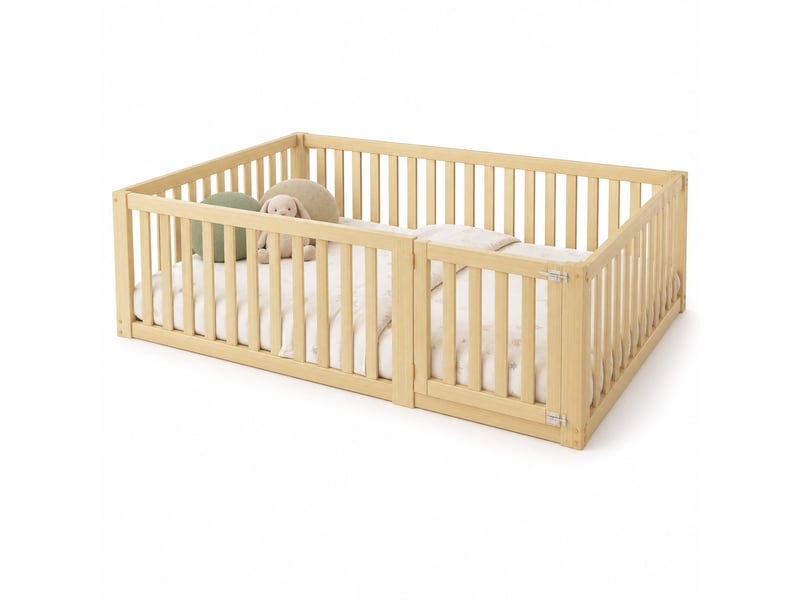  Lit enfant 140x200 cm avec clôture et porte, bois, couleur naturelle sans matelas  - Conforama A