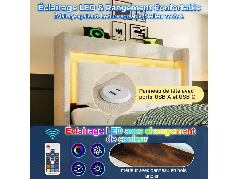  Lit beige 90 x 200 cm avec coffre hydraulique, led, usb-c et tête de lit  - Conforama D