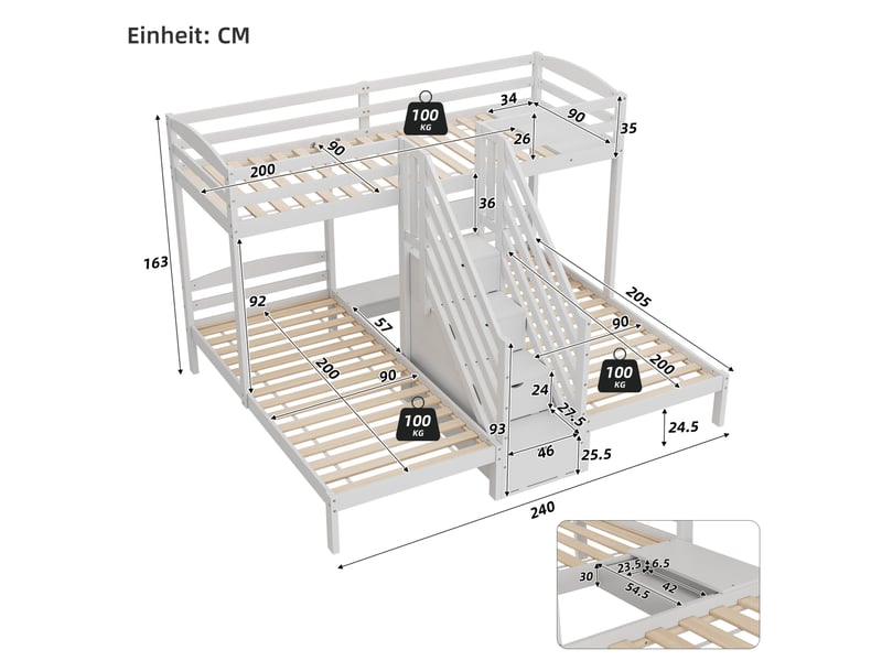  Lit superposé enfant 3 couchages 90x200 cm avec escalier de rangement blanc  - Conforama C