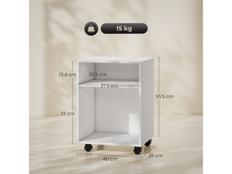  Support pour imprimante à roulettes avec 2 étagères ouvertes en bois, 40 x 35 x 55,5 cm, blanc  - Conforama E