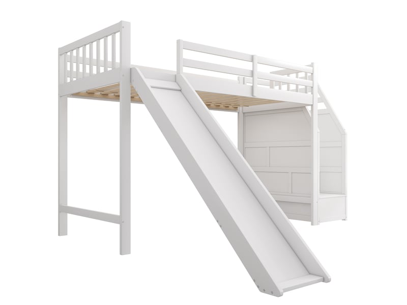  Lit mezzanine enfant avec toboggan, échelle modulable et barrière amovible, blanc, 90x200 cm  - Conforama E