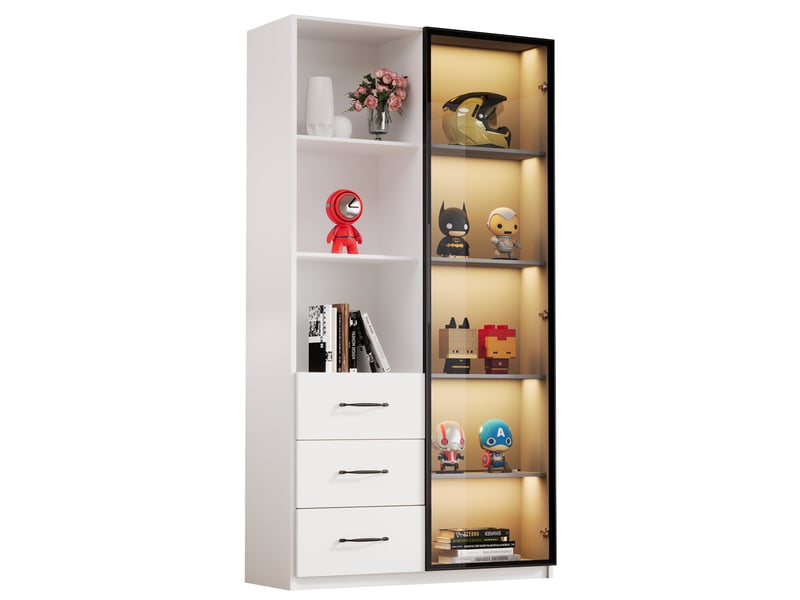  Vitrine led blanche 80x40x160 cm, bibliothèque avec porte en verre trempé, 3 tiroirs et étagères, cadre aluminium pour salon.  - Conforama A