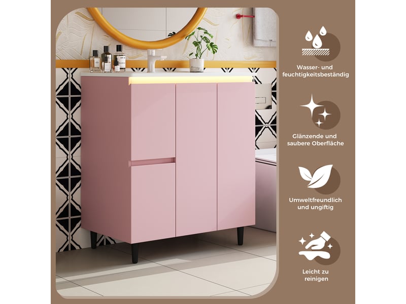  Meuble vasque avec led et 2 tiroirs mdf et céramique rose 76 x 47 x 89 cm  - Conforama E