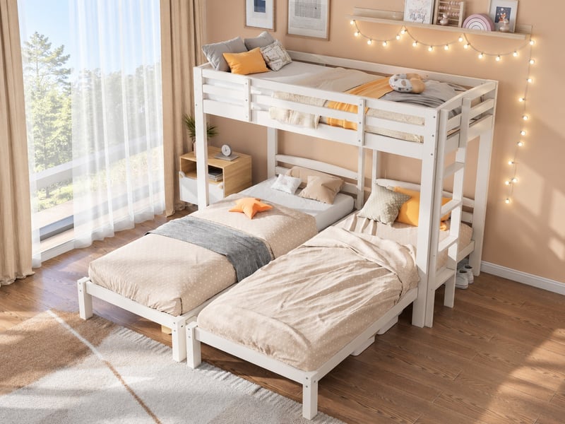  Lit superposé triple avec échelle latérale - 3 couchages de 90x200cm - 1 couchage en hauteur et 2 couchages inférieurs - avec sommier à lattes - blanc  - Conforama B