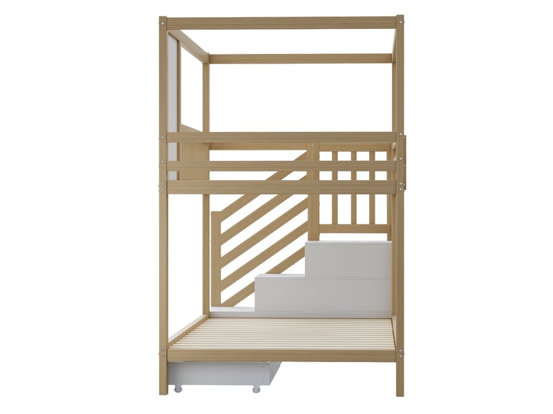  Lit superposé enfant 90x200 cm – bois clair et blanc – escalier de rangement, 2 tiroirs - sans matelas  - Conforama E