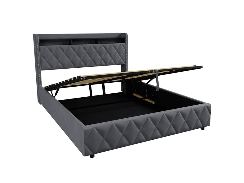  Lit 160 × 200 cm en velours, lit 2 places pour avec coffre de rangement hydraulique, led, couleur gris, sans matelas  - Conforama R