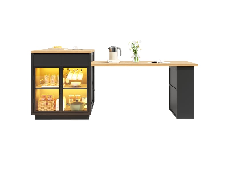 Îlot de cuisine extensible 122–194,5 cm noir, led, 2 tiroirs, portes vitrées - Conforama A