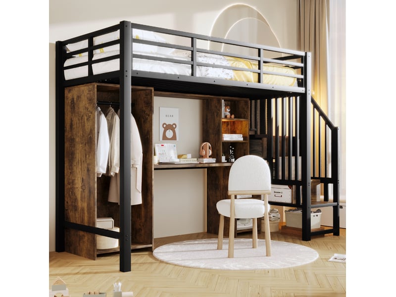  Lit mezzanine 90x200 cm avec rangement, armoire et bureau noir  - Conforama E
