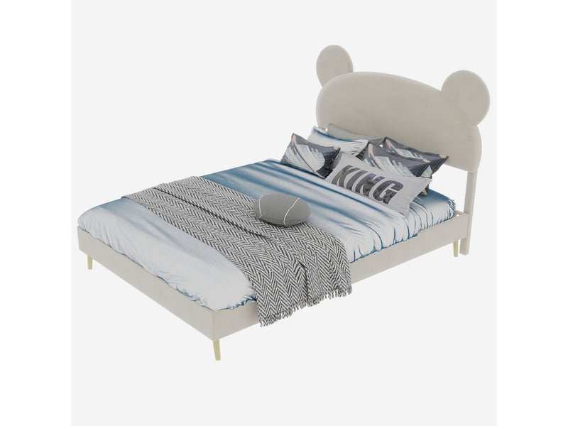  Lit rembourré 140x200 cm tête de lit ours - lit adulte - beige, cadre métal solide, design minimaliste, coins sécurisés  - Conforama A
