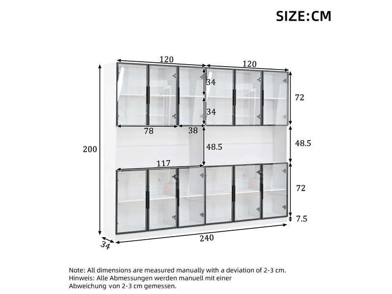  Vitrine haute 240x34x200 cm, 12 portes en verre, led contrôlée par application, niches, mdf, blanc  - Conforama C