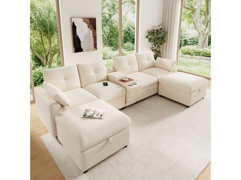 Canapé d'angle, canapé modulable, 6 places, en chenille, beige, porte-gobelets, pour salon et séjour, usb - Conforama C