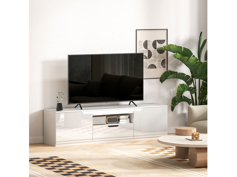  Meuble tv ulevr 160 cm avec rangement, 2 portes, tiroir et passe-câbles, blanc, pour téléviseur jusqu’à 65 pouces  - Conforama E