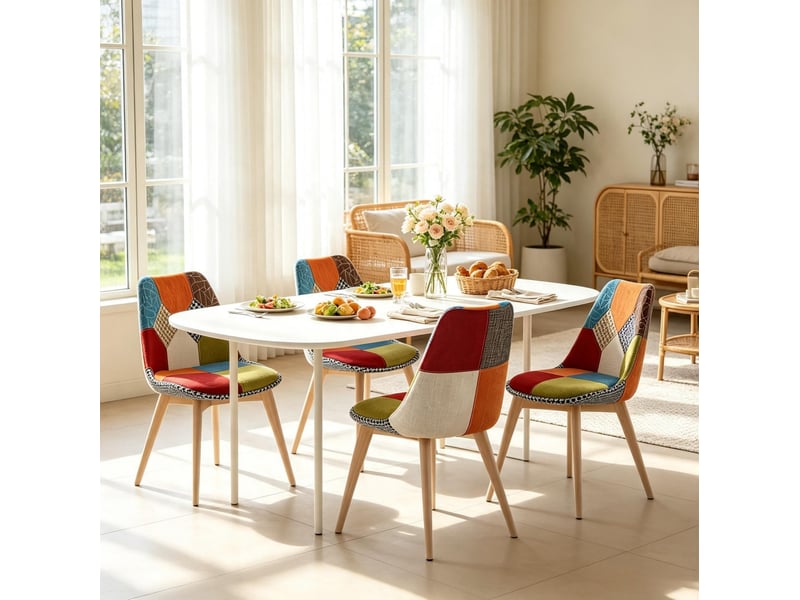 Chaise de salle à manger lot de 4, assise rembourrée et dossier incurvé en lin et bois multicolore - Conforama B