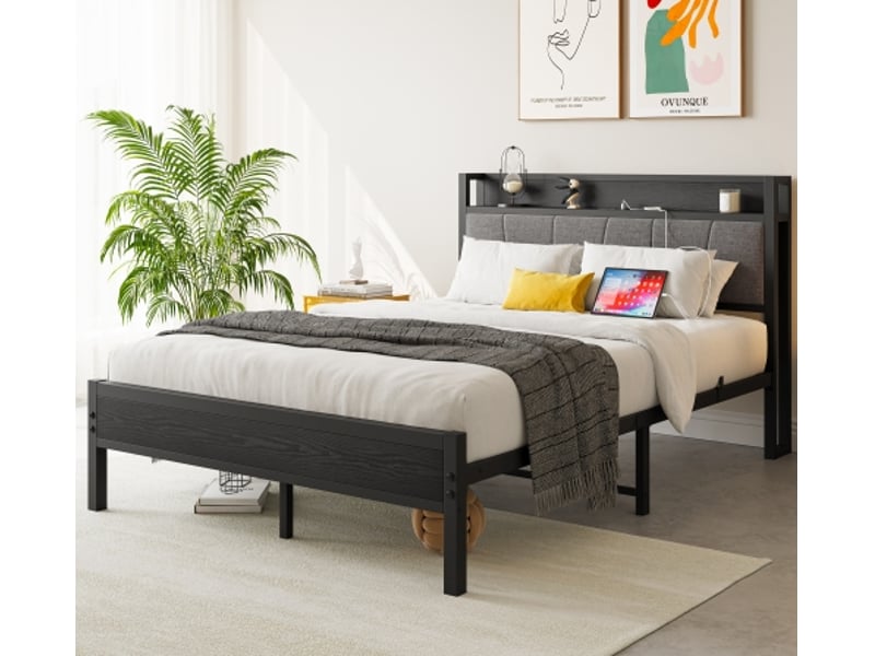  Lit simple 90x200 cm métal noir, tête de lit rembourrée rayée, 2 usb, tablette 18cm, rangement sous lit 27cm  - Conforama E