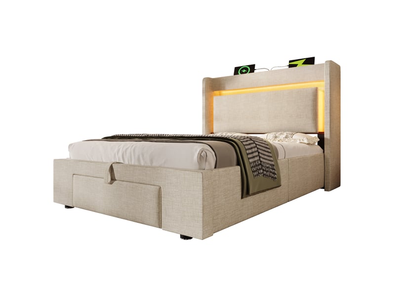 Lit coffre beige 90x200 cm avec led et usb - Conforama R