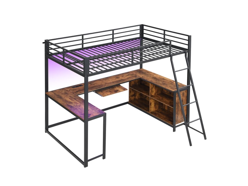  Lit mezzanine adulte 120x200 cm noir décor bois vintage métal et mdf, bureau 3 côtés avec led et rangement  - Conforama D
