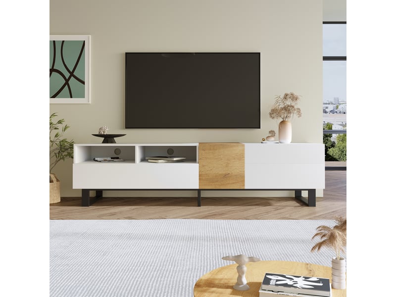  Meuble tv avec 2 portes, 2 tiroirs et 2 niches pour salon 180×38×50 cm en mdf blanc et bois  - Conforama B
