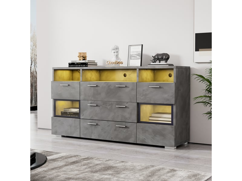 Buffet moderne gris 140 cm avec éclairage led et portes en acrylique transparent - 3 tiroirs 2 portes - Conforama B