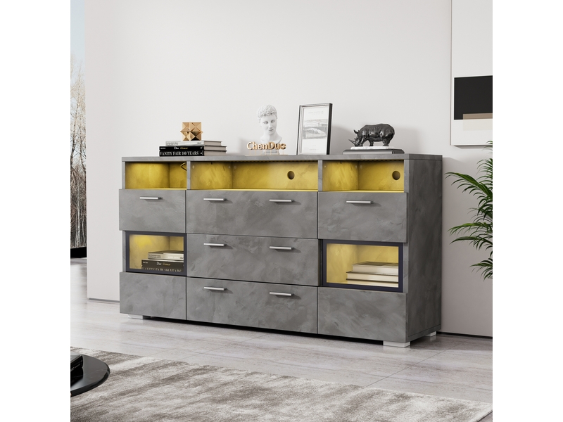  Buffet moderne gris 140 cm avec éclairage led et portes en acrylique transparent - 3 tiroirs 2 portes  - Conforama B