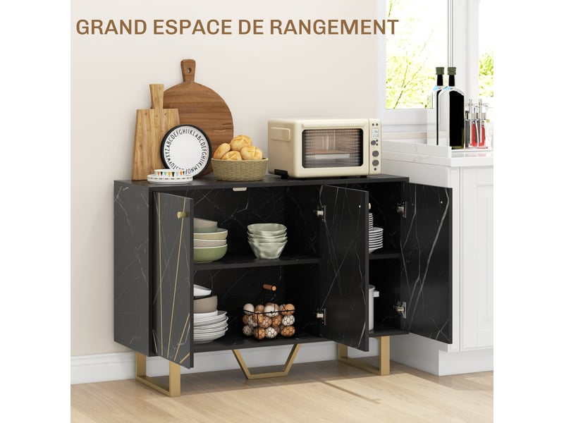  Meuble de rangement buffet salon avec 2 placards 3 portes et étagère réglable, pieds en métal, aspect marbre noir  - Conforama D