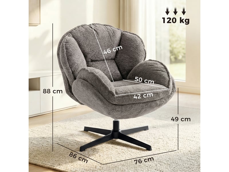  Fauteuil pivotant 360° en velours avec accoudoirs et base 4 branches gris 76x86x88 cm  - Conforama C