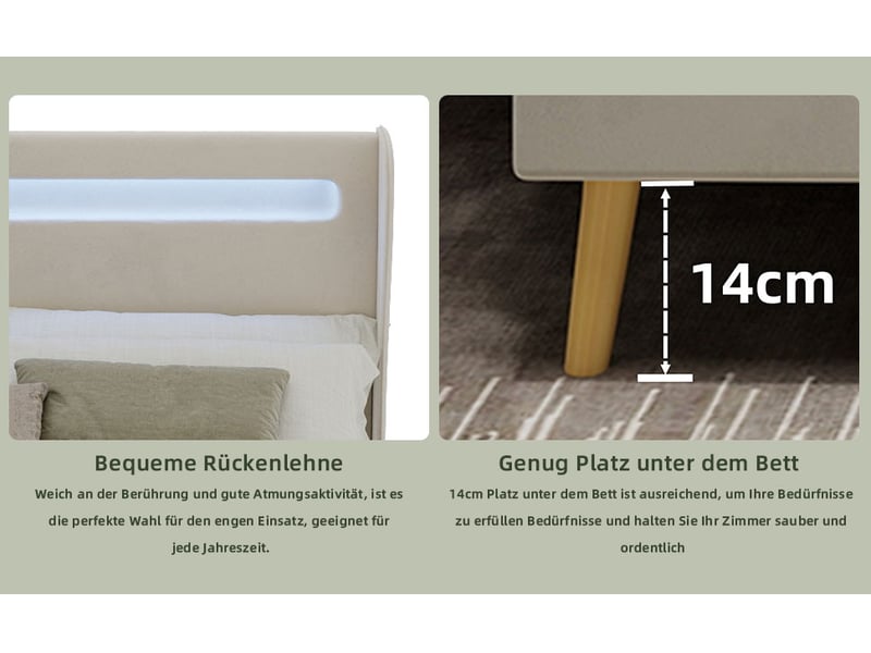  Lit adulte 160x200 cm beige avec tête de lit rembourrée led et sommier bas sans rangement matelas non inclus  - Conforama E